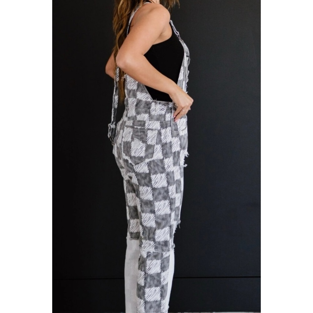 POL Black & White Checkerboard Distressed Overalls Premium Denim - Picture 4 of 13